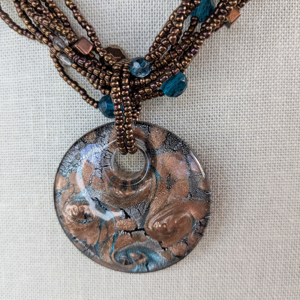 Artisan Multi Strand Seed Bead Necklace with Lampwork Glass Donut Pendant Boho